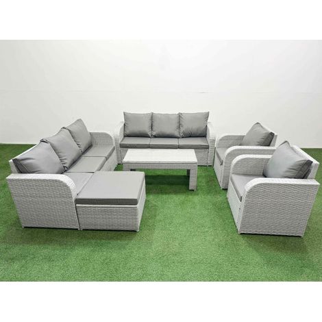 Fimous PE Rattan High Back Lounge Sofa Set Patio Oblong Coffee Table & Chairs Set with 3 Seater Sofa Reclining Chair Big Footstool Light Grey (1/4)