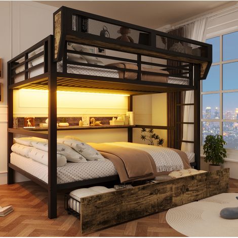 REDOM - Lit superposé 140x200 cm avec étagère - panier de rangement - 2 tiroirs en métal - MDF et métal - noir (Sans matelas) (1/5)