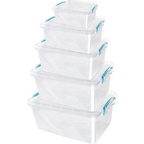 JVL Plastic Clip Lidded Food Storage Box, Stackable & Nestable, Set of 5, 1.6L, 3L, 5L, 8.5L, 13.5L (1/5)