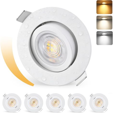 Lot de 6 spots LED encastrables - 230 V - Intensité variable - 60-70 mm - 5 W - 550 lm - 3000 K/4000 K/6500 K - IP44 - Pour salle de bain et salon - En aluminium brossé - Non rotatifs (1/5)