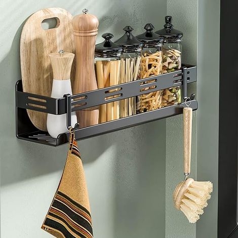 Étagère à épices autocollante, étagère à épices murale sans perçage, etagere cuisine de porte d'armoire, étagère à épices suspendue avec 4 crochets amovibles, étagère à épices pour cuisine, 40 cm Noir