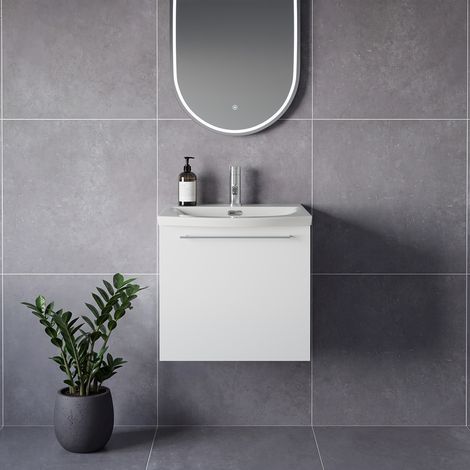 Napoli 390 Gloss White 500mm Wall Mounted Single Drawer Vanity Unit with Arc Basin - 500mm - Chrome 320mm Handle
