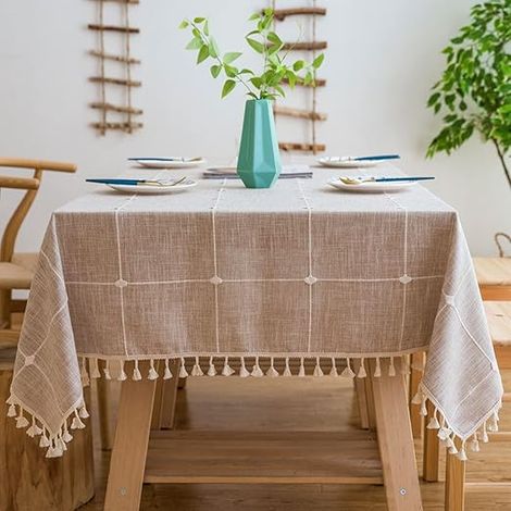 Nappe rectangulaire (carrée marron, 140 x 180 cm) résistante aux taches, imperméable et en coton et lin, idéale pour la cuisine et le jardin. Convient pour l'extérieur. (1/5)