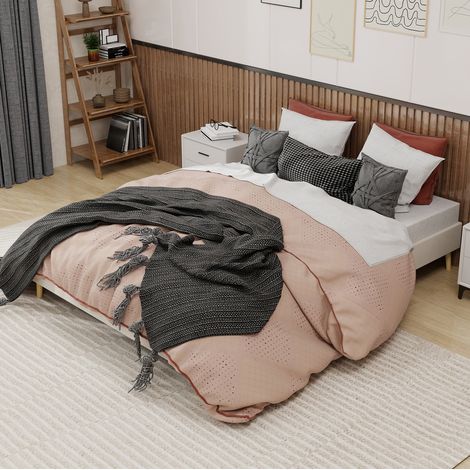 Bett Stoff Beige 160x200 cm mit Lattenrost und geometrischem Kopfteil (1/5)