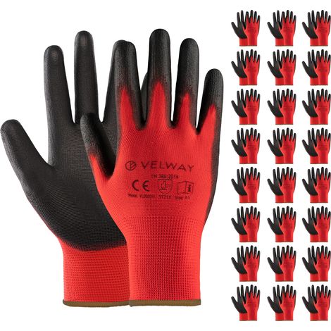 Velway Gants de Travail PU Rouges 24 Paires Taille 9