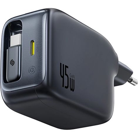 Baseus EnerCore CJ11 45W Wandladegerät mit USB-C-Anschluss und einziehbarem USB-C-Kabel – Schwarz (1/5)