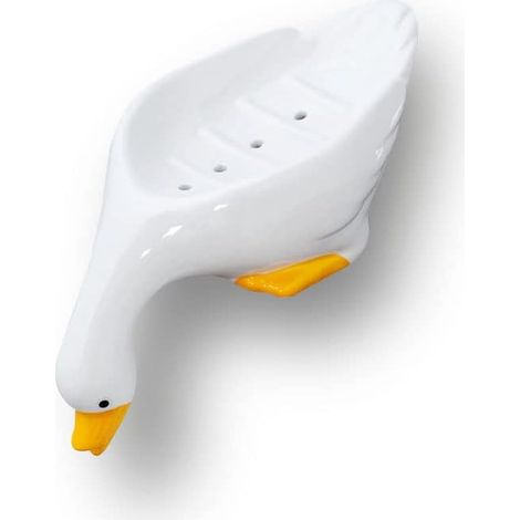 Porte-savon en céramique en forme de canard, porte-savon auto-drainant, porte-savon en forme de bec de canard pour évier, douche, salle de bain, cuisine (blanc)