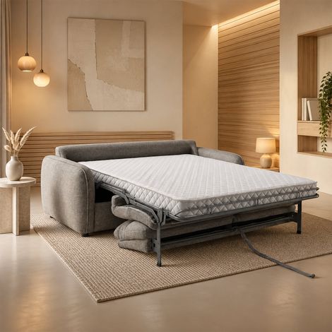 FELYA Canapé 3 places convertible matelas 12 cm en tissu taupe (1/5)