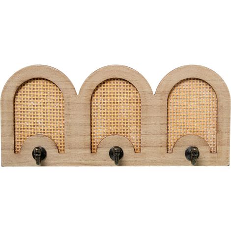 Porte-manteau mural avec 3 crochets en métal, bois et rotin naturel 36 x 5 x 16 cm (1/5)