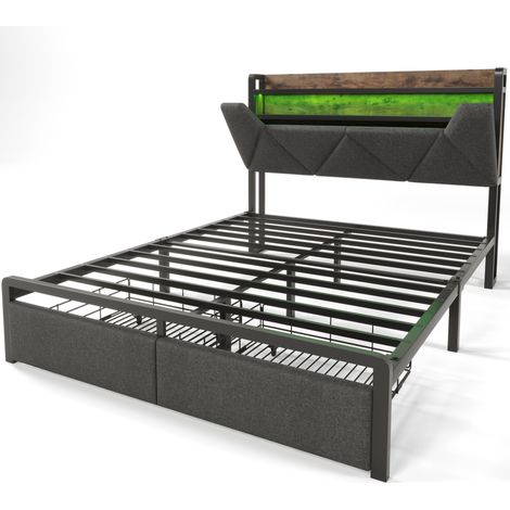 Cama tapizada 160 x 200 cm con cabecero de almacenaje, LED, USB-C y cajones, gris (1/5)
