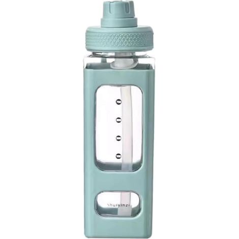 Bouteille d'eau Kawaii avec Paille 3D Ours Mignon Autocollant Gratuit en Plastique Carré Gobelet Portable Verres 700 ML Vert (1/5)