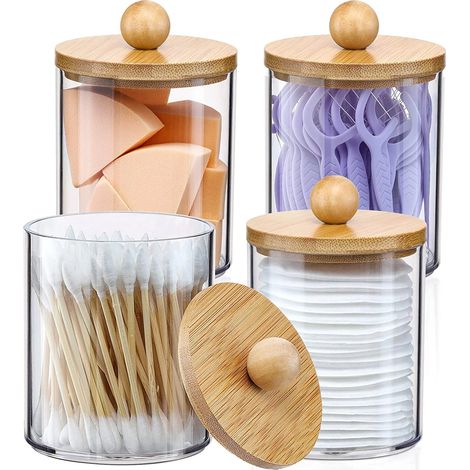 Lot de distributeurs de cotons-tiges avec couvercles en bambou -transparents Ensemble d'accessoires de salle de bain pour cotons