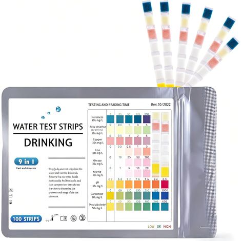 100 Lot de Test Eau Aquarium 9 en 1, Test Aquarium Eau Douce et Eau Salée, Kit Test Nitrite Nitrate, pH GH KH Chlore Cuivre Fer avec Tube et Thermomètre