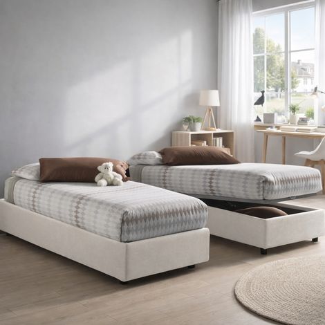 Talamo Italia Letto singolo Rachele, Letto contenitore con rivestimento in tessuto, 100% Made in Italy, Apertura frontale, con materasso Cm 80x200 incluso, Bianco, con imballo rinforzato (1/5)