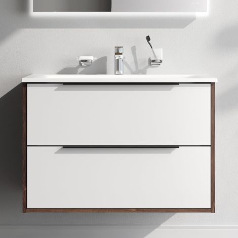 AM.PM Badmöbel Set Badezimmerschrank mit Waschbecken Hängender Waschbecken mit Unterschrank mit Soft Close, 80 cm, 2 Schubladen, Weiß glänzend (1/5)