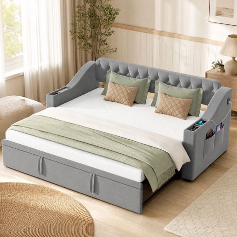 Sofá cama extensible 90x190 cm gris en terciopelo con almacenaje y puertos USB (1/5)