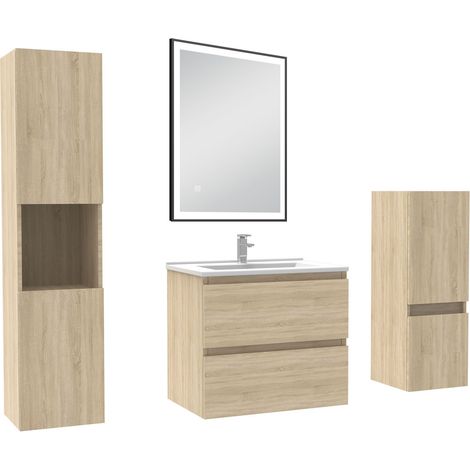 Acezanble Meuble salle de Bain 60cm avec colonne et miroir mural lumineux 3 couleurs Chêne Wotan