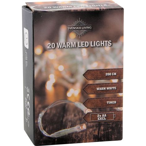 Lichterkette 20 LED warmweiß mit Timer - 200 cm - Batterie betrieben - Kabelfarbe transparent