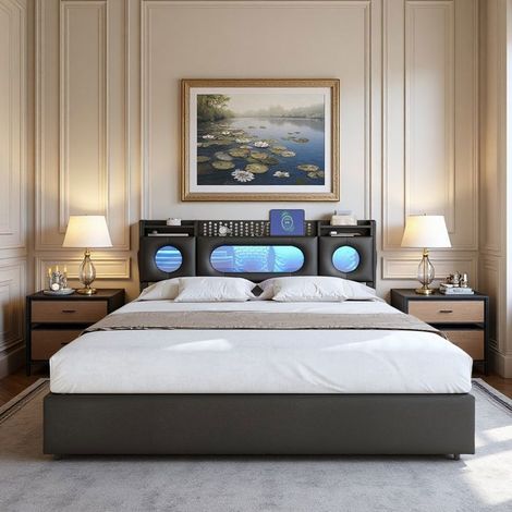 Letto doppio - moderno - 140x200 - storage intelligente - illuminazione LED RGB - nero PU