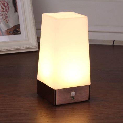 Lampe de table, veilleuse à LED rétro, lampe de chevet avec détecteur de mouvement PIR sans fil, fonctionne avec 3 piles AAA 1,5 V, Plastique, Lumière blanche,carré (1/5)
