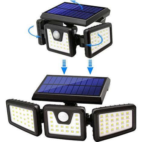 Projecteur solaire extérieur avec détecteur de mouvement, 70 LED, étanche IP65, à 3 têtes, idéal pour le jardin.-AquaForge (1/5)