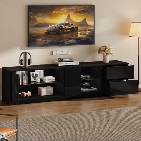 TV-Möbel 160 x 40 x 52 cm mit LED, 2 Schubladen und Tür, MDF und gehärtetem Glas, schwarz OKMYHOME (1/5)