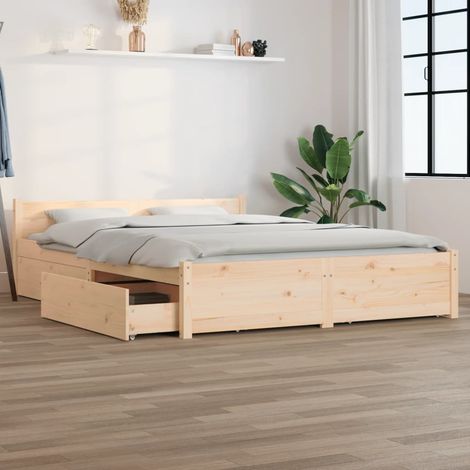 Cadre de lit 120x200 cm avec tiroirs de rangement  Bois de pin massif non traité  4 tiroirs  Dimensions 205.5x125.5x51 cm (1/4)