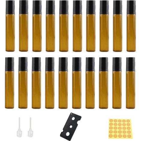 20er Set Braune 10ml Glasflaschen mit Roll-on Edelstahl-Kugeln für ätherische Öle, inkl. Pipetten & Etiketten