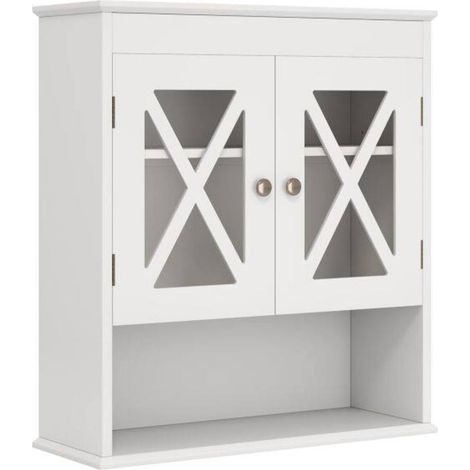 Portes Acrylique Meuble Salle de Bain Mural Rangement avec Étagère Réglable et Compartiment Ouvert WC Blanc (1/5)