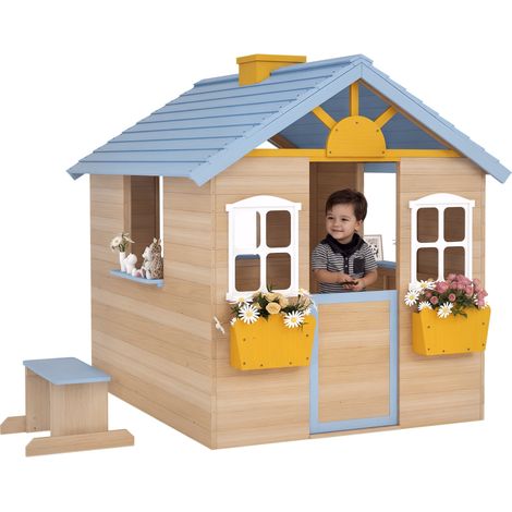Outsunny Wooden Kids Playhouse w/ Door, Windows, Bench, For 3-7 Years Blue