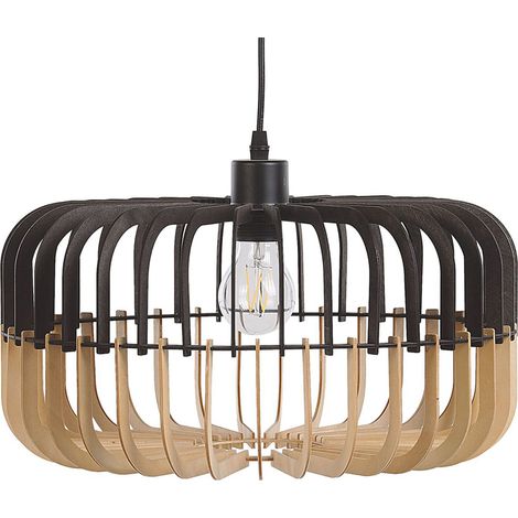 Lámpara colgante en color madera clara tablero de MDF negro metal con pantalla en forma de tambor Sous