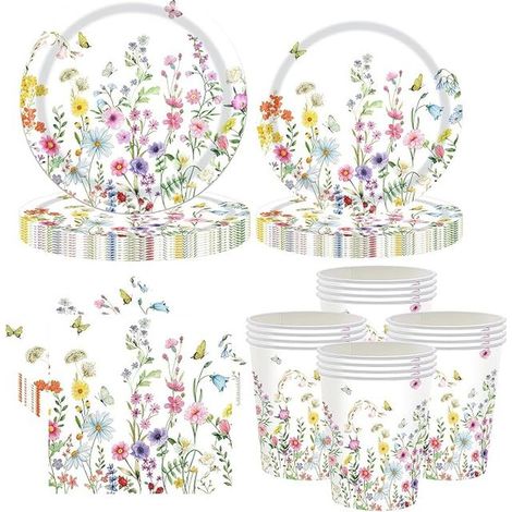 Flower Party Decoration Cutlery Set Flower Theme Kids Tableware Paper Plates Cups Handkerchief Birthday Party Supplies