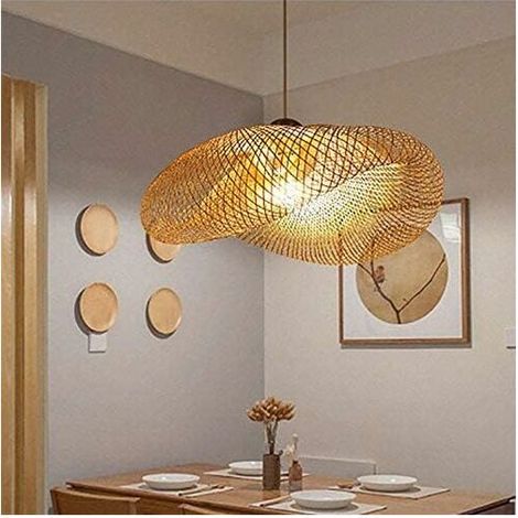 Pendelleuchte, Ohjijinn Pendelleuchte Vintage Weben Pendelleuchte Bambus und natürliches Rattan Gewebte Hängelampe Kreative Nostalgische Einstellbare E27 Bambus Hängelampen Kronleuchter Wohnzimmer Caf (1/4)