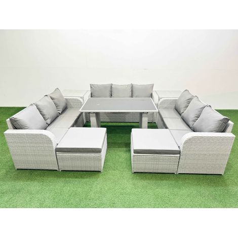 Fimous Patio Garden Furniture Sets with Black Glass Top Dining Table 3 Seater Sofa 2 Side Tables 2 Big Stool Light Grey (1/4)