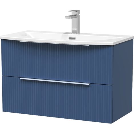 Hudson Reed Fluted Satin Blue 800mm Wall Hung 2 Drawer Vanity Unit and Curved Ceramic Basin - DFF395G