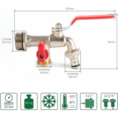 SABIR Robinet double de jardin, robinet en laiton, robinet double BSP 3/4 pouces de haute qualité (1/5)
