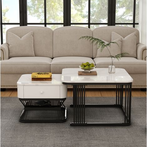 Mesa baja de 2 piezas efecto mármol blanco y negro con cajón HAVRYA (1/5)