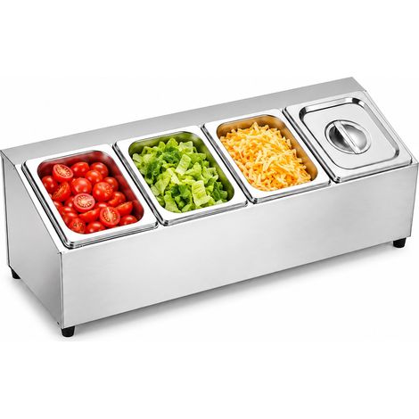 Relaxdays Ingredient Containers, Catering Topping Box, 4 Compartments, GN 1/6, 21.5x69x22.5 cm, Stainless Steel, Silver (1/5)