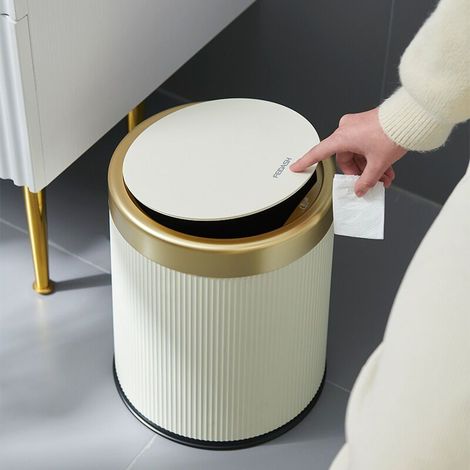 Poubelle ronde élégante de 12 L avec bouton-poussoir et couvercle inclus, idéale pour la maison, la salle de bain, le salon ou la chambre. Couleur crème blanche moderne. (1/4)