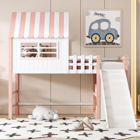 Lit enfant 90 x 200 cm, design mezzanine avec échelle de sécurité et toboggan, étagères de rangement à plusieurs niveaux, rose (1/5)
