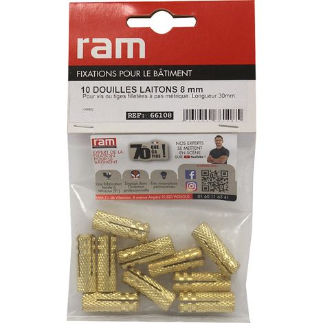 Sachet de 10 chevilles laiton Ø10 mm type M8 tout type de fixation - Longueur 28 mm - Ram (1/2)