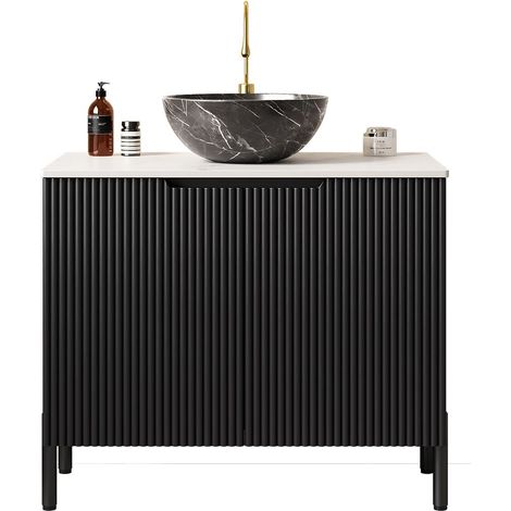 Meuble de salle de bain TURIO autoportant 76 cm,vasque pierre noire. Plan Carrare fritté blanc,meuble double porte couleur noire.