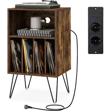 GOPLUS Table d'Appoint avec Station de Charge USB Type C, Armoire de Rangement, Bout de Canapé Bureau,Salon avec Pieds en Métal, 5 Etagère de Rangement Dossier Vinyle, 53 x 46 x 87 CM, Industriel (1/5)