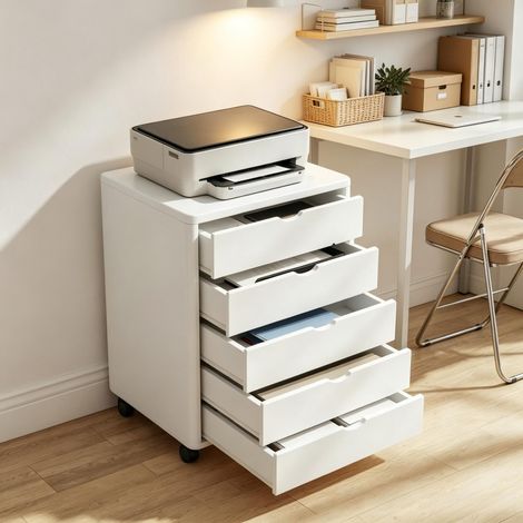 Oficina móvil con ruedas y 5 cajones, mueble de oficina con ruedas para documentos y material de oficina, práctico armario de almacenamiento para oficina y oficina en casa (solo con la oficina móvil c (1/5)