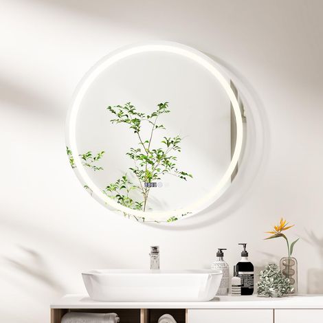 COSTWAY Espejo de Baño LED Antivaho, Espejo de Tocador Impermeable Montado en la Pared, 3 Luces de Color e Botón Táctil Inteligente, Espejo de Maquillaje LED para Baño, Sala de Estar (Redondo) (1/5)