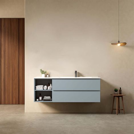 Mobile bagno sospeso 140 cm Blu Avio Lavabo a Destra in Resina Senza Specchio - Fiji Paint Plus (1/4)