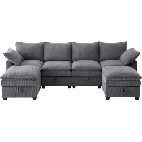 Sofá modular en L gris de corduroy con arcón, puertos USB, portavasos y puf extraíble (1/5)