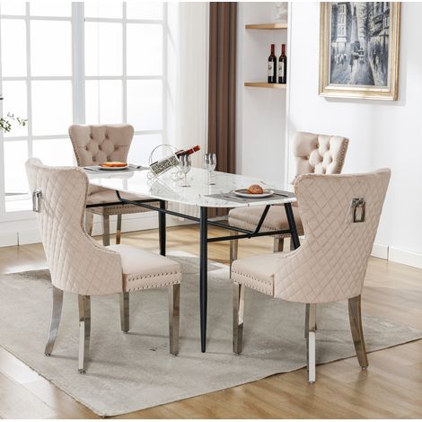 Silla de comedor de terciopelo beige con estructura de madera maciza y patas metalicas, 62,5 x 94,5 cm (1/5)