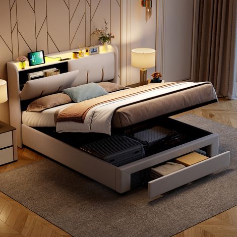 lit coffre 160 x 200 cm, lit 2 places avec LED et port USB, lit hydraulique avec tiroir, tête de lit avec rangement ouvert, velours, beige (1/5)
