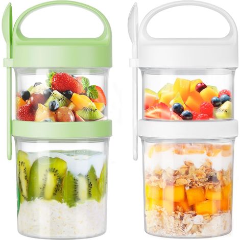 Pot de muesli à emporter, grand pot de yaourt à emporter, pot de muesli double compartiment avec cuillère pour le petit-déjeuner, yaourt, muesli, pot pour le déjeuner à emporter, compatible micro-onde (1/5)